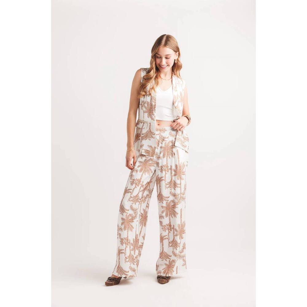 NEW PAPILLON palm print wide leg pants with elastic back in white/brown